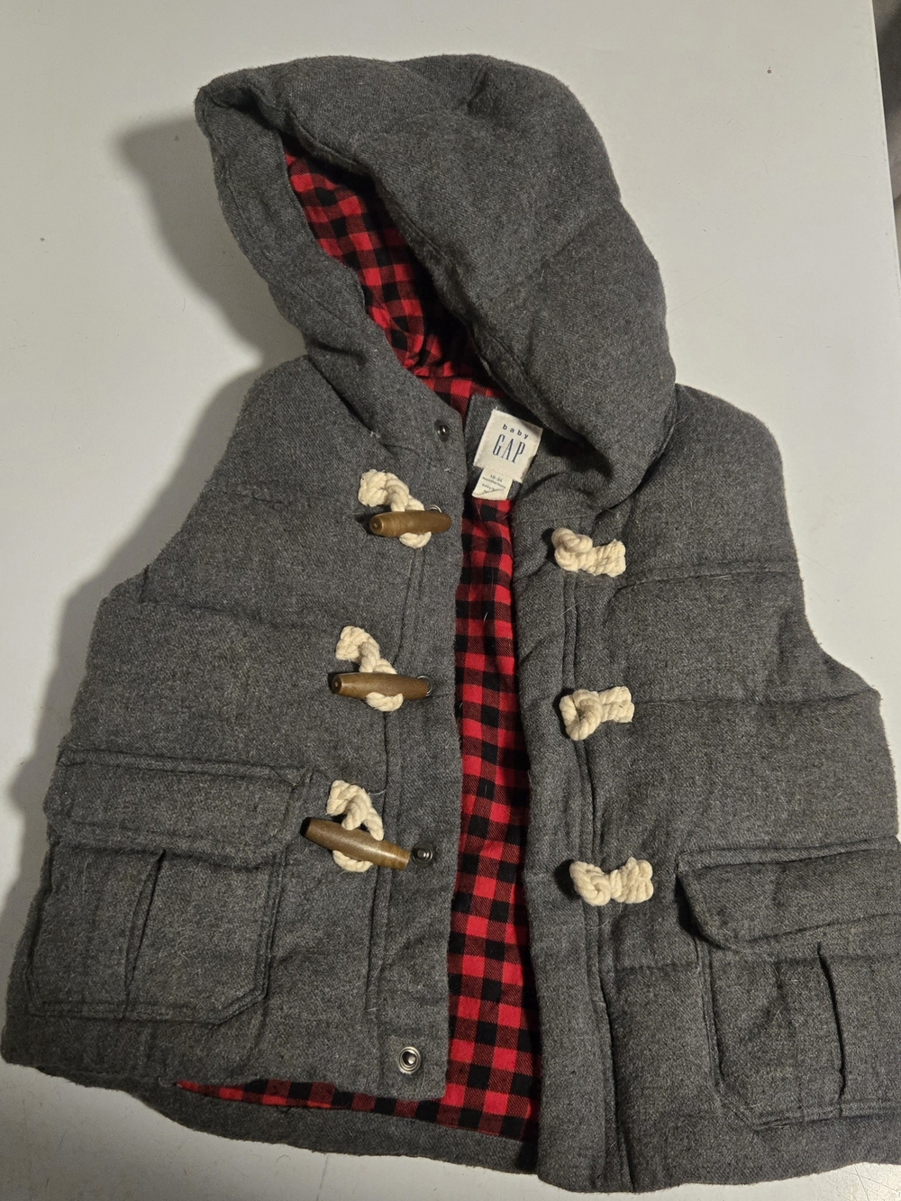 GAP Gray Hooded Toggle Vest with Red Plaid Lining